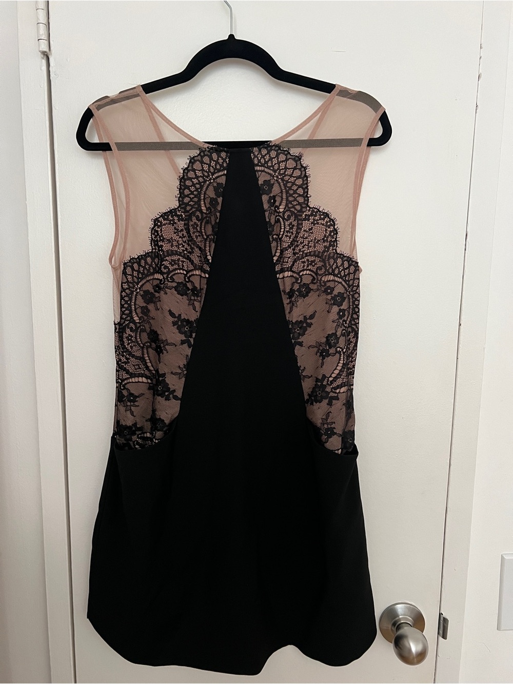 BCBGMaxAzria Black and Blush Lace Inset Mini Dress